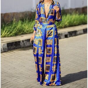TribalbyN‎ Two Piece Set Size S NWT Zambia RERE African Print Blue Gold Matching